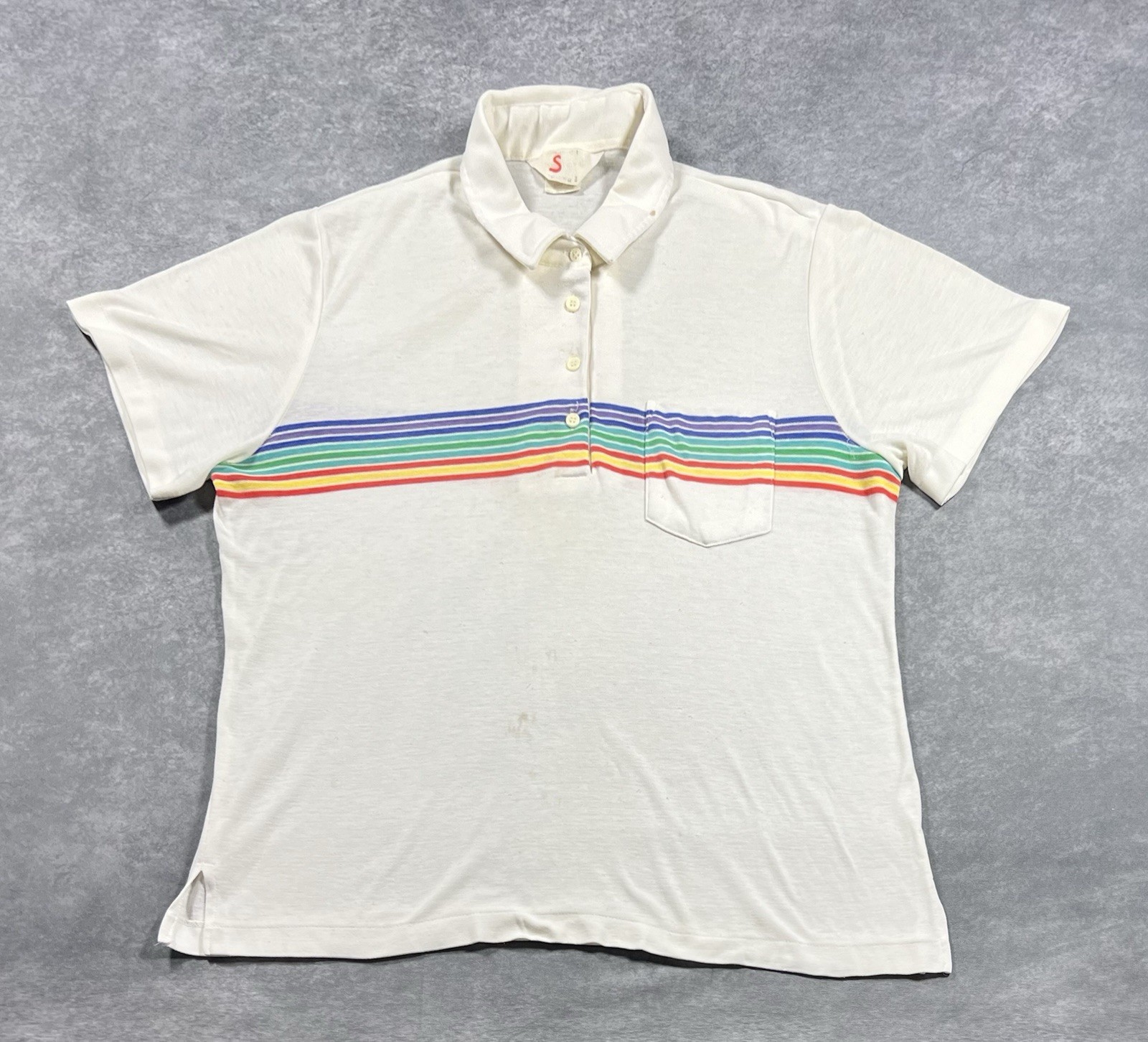 Vintage 70s Rainbow Striped Polo Shirt Size L White By The Shirt