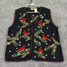 Bobbie Brooks Sweater Womens XL Black Cardinal Christmas Vest Embroidered Ugly