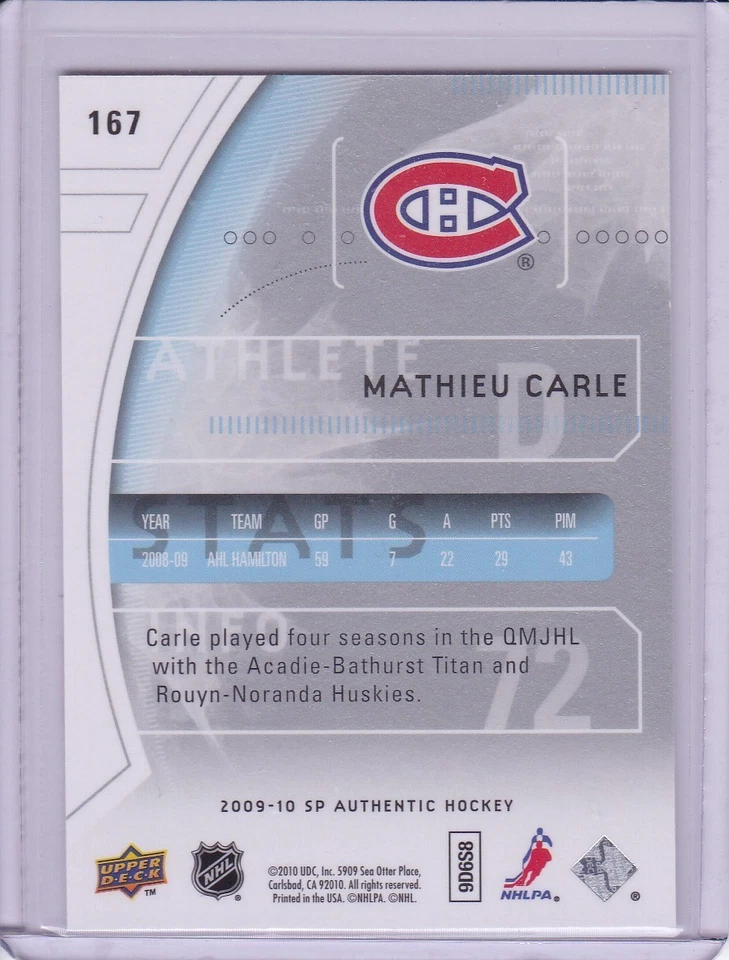 Mathieu Carle Future Watch 2009-10 SP Authentic Hockey Card Number 167 947/999 - Image 2 of 2