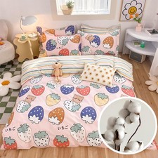 100 Cotton Duvet Cover Set - Kawaii Cartoon Strawberry Bedding for Girls B...