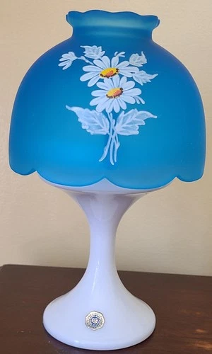 Fairy Lamp By Westmoreland/AS IS/Vintage/Milk Glass Base w/Blue Satin Shade