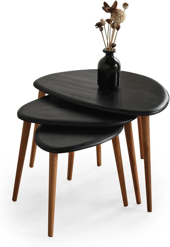 Black Wood Oval Nesting Coffee Side End Table Set of 3 Mid-Century Modern - Image 2 of 4