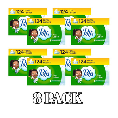 Puffs plus Lotion Facial Tissue, 1 Family Box, 124 Tissues per Box 8 PACK