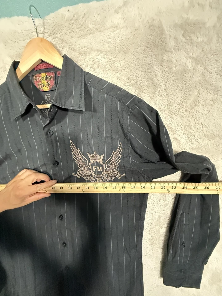 Camisa Franky Max Para Hombre Mediana Negra A Rayas Abotonadas Bordadas Cresta Alas Foto 4 de 4