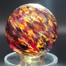 Handblown Glass Ball Orb 3.25" Textured Confetti Yellow Red Brown Swirl Footed