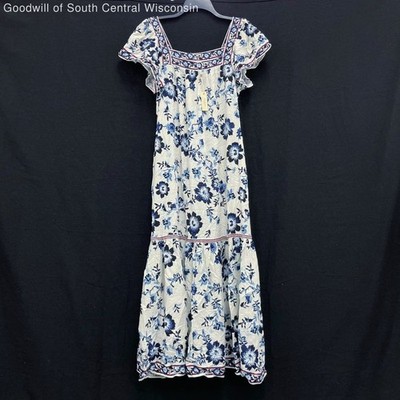 NWT Wmns MAX STUDIO White & Blue Floral Short Sleeve Tiered Boho Maxi Dress Sz M