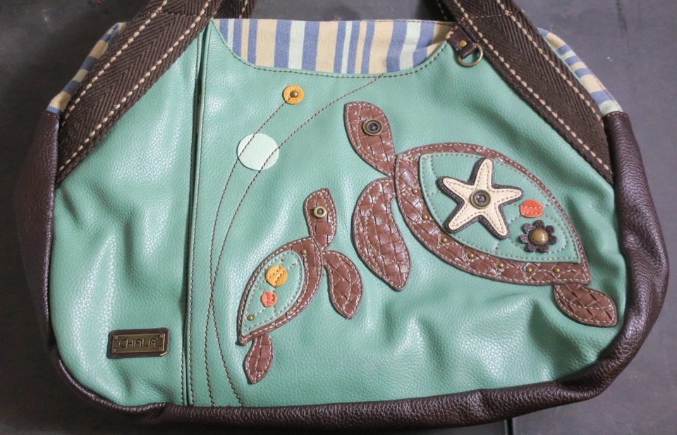 Chala Turtle Mom And Baby Vegan Leather Approx. 17" X 12” Tote Bag Purse Green - Image 3 of 4