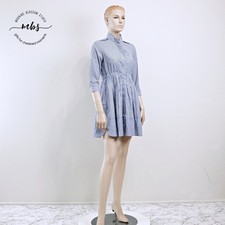 Zaful Striped Button Down Banded Collar Casual Preppy Shirt Dress Blue Women M
