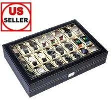 24 Slots Watch Box PU Leather Watch Case Organizer Watch Display Case Lockable.