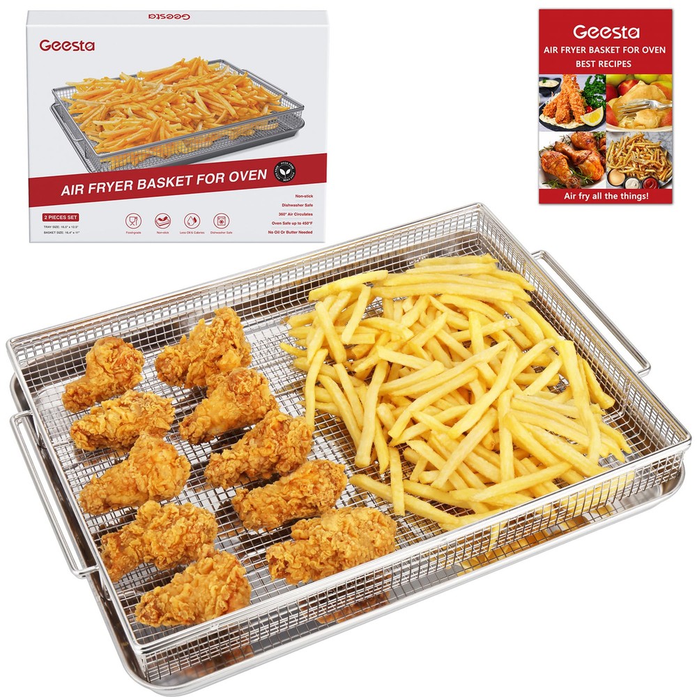 Air Fryer Basket for Oven with 50 Recipes, Extra Large 2 Piece Nonstick Crisp...