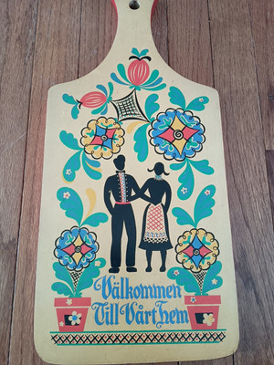Vintage Scandinavian Wood Bread Board Charcuterie Hand Painted Kitchen Decor