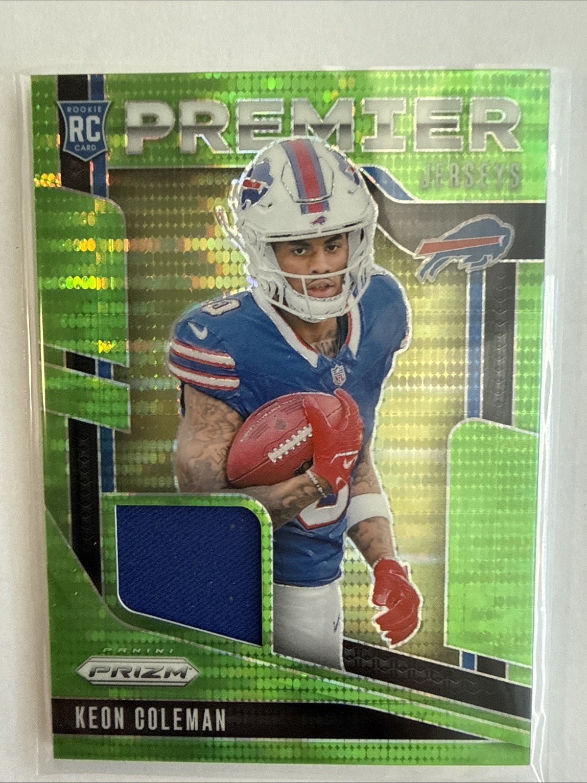 Keon Coleman Panini Prizm 2024 Green Pulsar Premier Jersey Relic Rookie Card