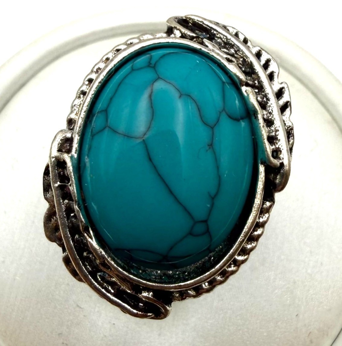Turquoise Look Oval Statement Ring Silver Tone - image 1