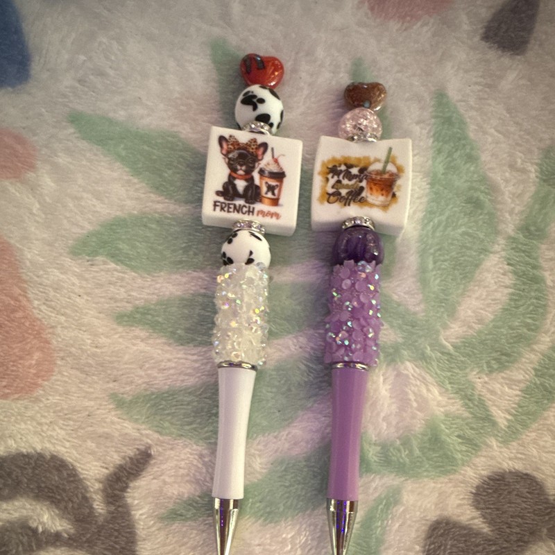 2 Beaded Ballpoint Pens white  "French Mom" & purple  "Mama Needs Coffee"  pen