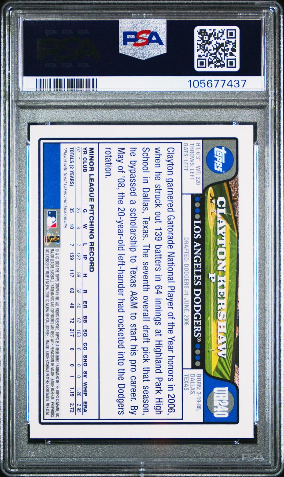 2008 TOPPS UPDATE & HIGHLIGHTS #UH240 CLAYTON KERSHAW ROOKIE RC PSA 7 view 2