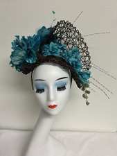 Ascot Fascinator Kentucky Derby Large Blue Flowers, Brown Mesh, Headband