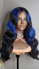 New Long Wavy Black Blue 2 tone Style Lace Front Wig Womens Fashion Hair Wigs