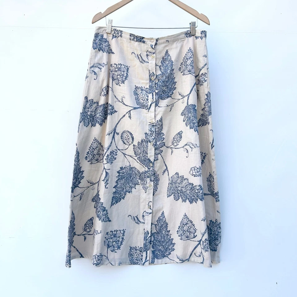 Saia Midi Vintage Ralph Lauren Anos 90 Linho Botão Frontal Azul Floral 14 Francês - Imagem 2 de 4