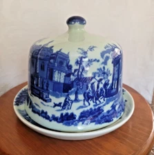 Vintage Victoria Ware Blue Flow Ironstone Cheese Keeper Dome - Blue and White