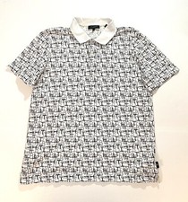 Ted Baker Shirt Men 3 White Black Monogram Polo Short Sleeve Collared Modern Fit