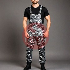 Men's Genuine Leather Gray CAMOUFLAGE Bib Overall Dungaree Jumpsuit Uniform Mens
