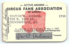1957 CIRCUS FANS ASSOCIATION OF AMERICA MEMBERSHIP CARD CHARLES JACKSON Z1673