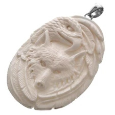 925 Sterling Silver Handcrafted Wolf And Eagle Bison Bone Pendant, 2 3/4"
