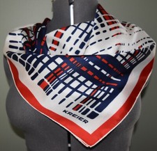 VTG Kreier Silk Square Scarf Patriotic Red White Blue Geometric Mod Op Grid 26"
