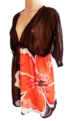 Next Damen Top/TUNIKA Größe 10 SCHWARZ Large Orange Blumenärmel V-Ausschnitt STRAND 