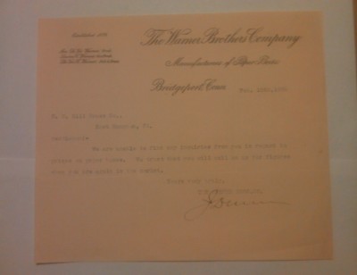 signed 1906 letter Warner Brothers Co. Bridgeport, Connecticut- James Dunn House