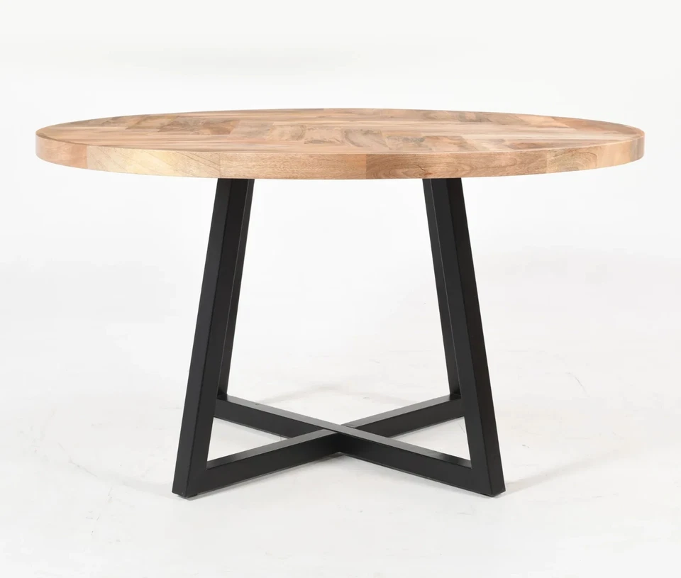 Round Solid Mango Wood Dining Table, Herringbone Design - 140cms with Metal Legs - Image 4 of 4