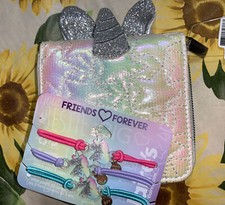 Claire  s Iridescent Unicorn Wallet Rainbow Glitter Bff Bracelet Jewelry Lot