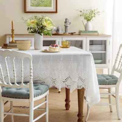 White Flower Tablecloth Vintage Embroidered Table Cover Wedding Party Home Decor
