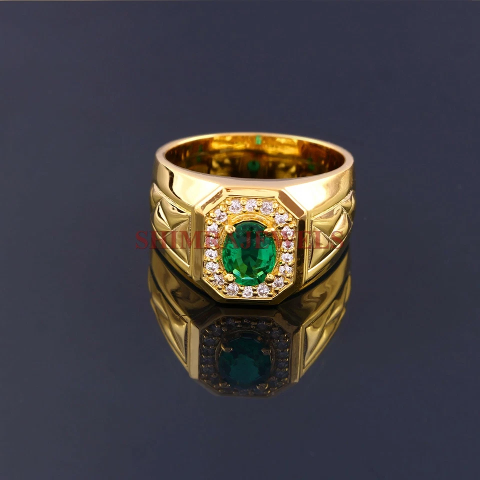 Simulierte Smaragd Edelstein Mit Vergoldetem 925 Sterling Silber Herrenring #833 - Bild 2 von 4