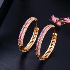 Women Boho Gold Plated Cubic Zirconia Big Round Hoop Earrings Party Jewelry Gift