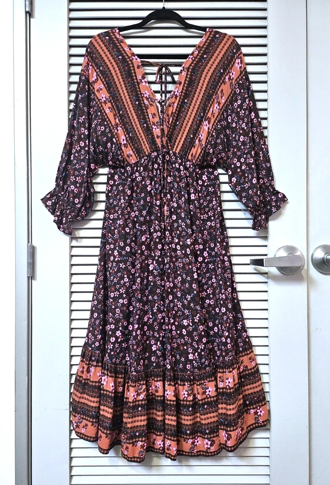 3/4 brown floral hi-low ruffle long dress XL - Image 4 of 4