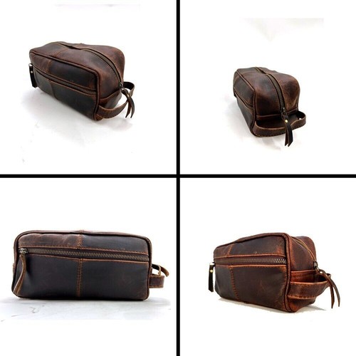 Bolso de tocador de cuero genuino de búfalo de viaje doble kit estuche de afeitado para hombre mujer - Imagen 7 de 8