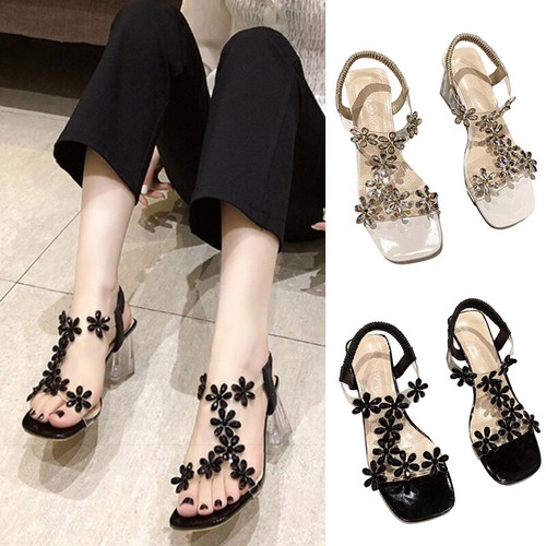 Sandalias De Mujer Sandalia Pedrería De Cristal Grueso Tacones de moda  Zapatos de bloque Med | eBay