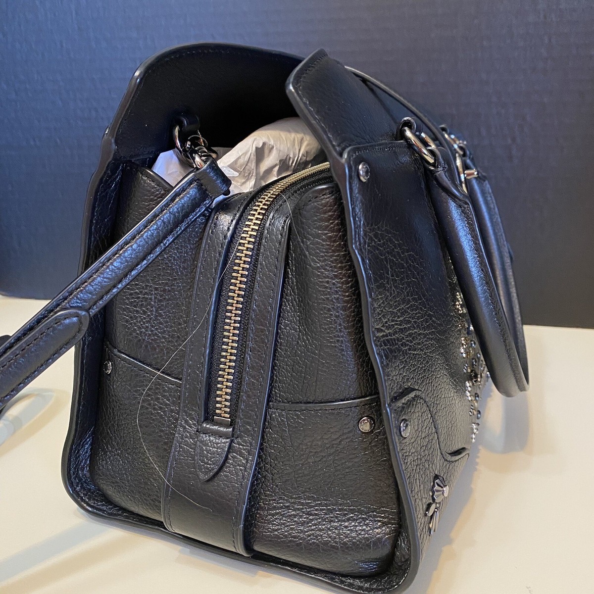COACH Mercer 30 Satchel Bandana Rivets BLACK Pebble Leather 56832 