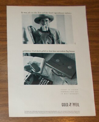 Seltene Werbung vintage GOLD-PFEIL Luxus Ledertasche Brillenetui 1990