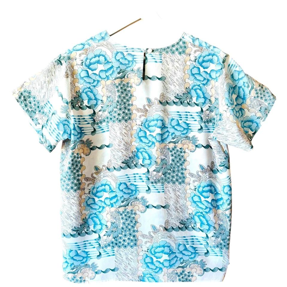 Olivia Rhodes Top Women Size L Blue Silk Japanese Print Neck Short Sleeve - image 3 of 4