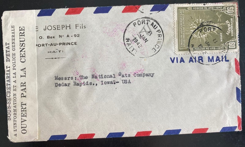 1942 Port Au Prince Haiti Airmail Censored Cover To Cedar Rapids IA Usa