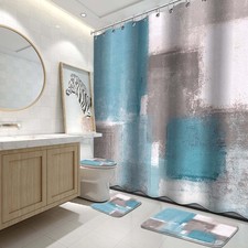 4Pcs Bathroom Shower Curtain Sets with Rugs,Sky Blue and Grey White Abstract ...