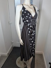 Made in Italy Monochrome Mixed Wrap Midi Dress Black White Polka Dot Stripe 10