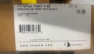 Lot of 2 Siemon VP2A-TRAY-1-45 Vertical Cable Management Tray - Black
