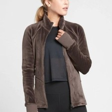 Athleta Cloud Fleece Full Zip Jacket with Thumbholes in Shale Brown, size M