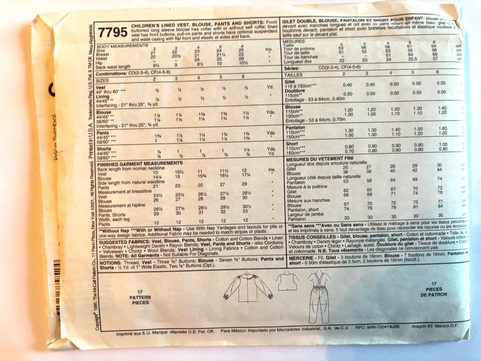 Girl's Sewing Pattern Vest Pants SKirt Blouse McCall's 7795 Size 4 5 6 New Uncut - Image 2 of 2