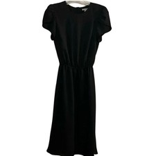 H&M Women's Black Midi Dress Size 4 Cinched Waist Puff Sleeve Button Back