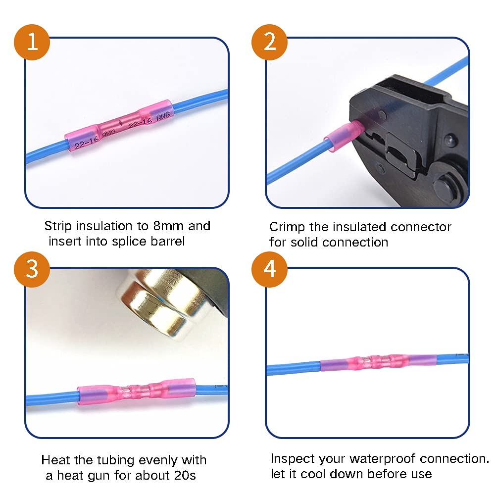 Heat Shrink Butt Connectors, 16-14 AWG 100Pcs Blue Waterproof 