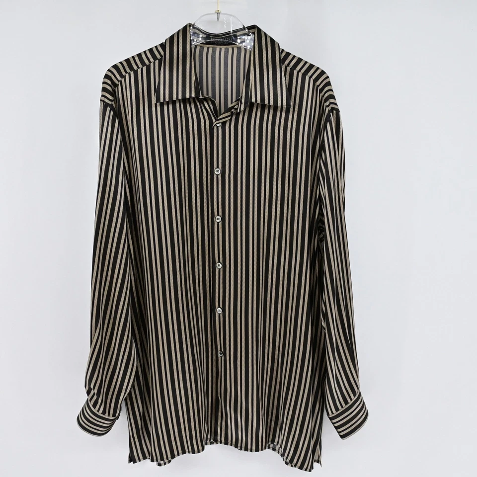 Bernini Beverly Hills 100% 真丝男式黑色金色丝绸衬衫意大利制造 XXL — 第 3/4 张图片